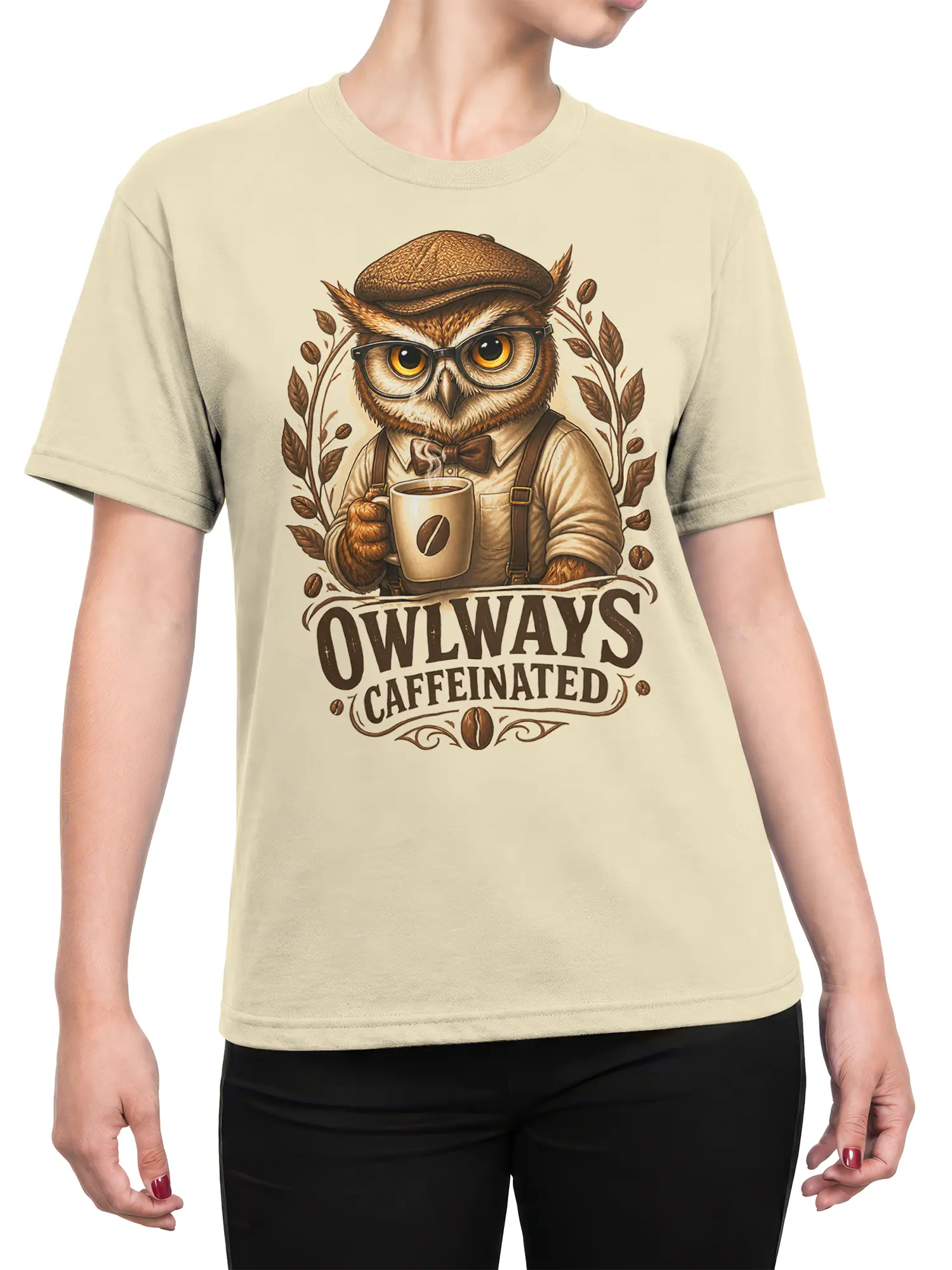 Female torso wearing a beige Always Caffeinated owl T-shirt with vintage coffee artwork
