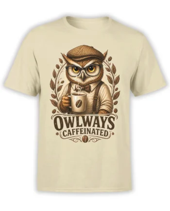 Beige owl coffee T-shirt with glasses, flat cap, bow tie, and Always Caffeinated lettering