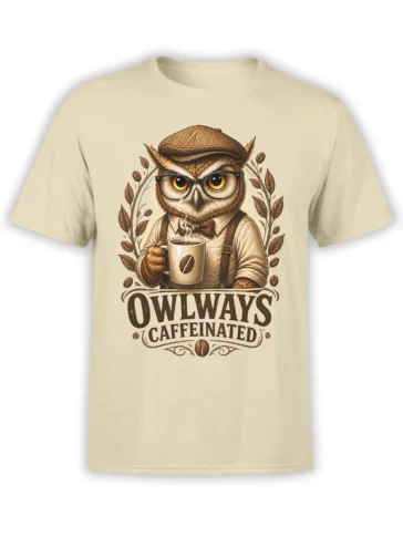 Beige owl coffee T-shirt with glasses, flat cap, bow tie, and Always Caffeinated lettering