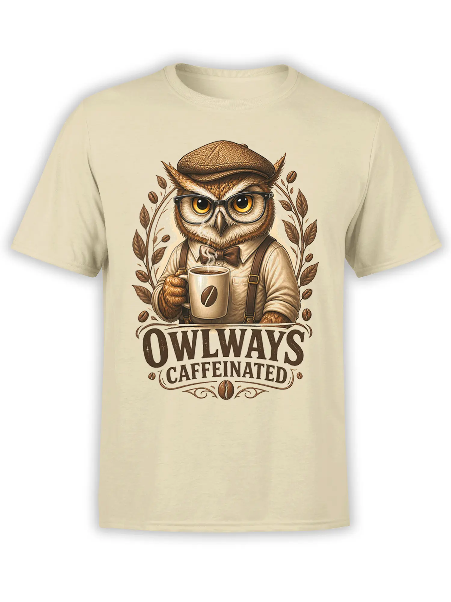 Beige owl coffee T-shirt with glasses, flat cap, bow tie, and Always Caffeinated lettering