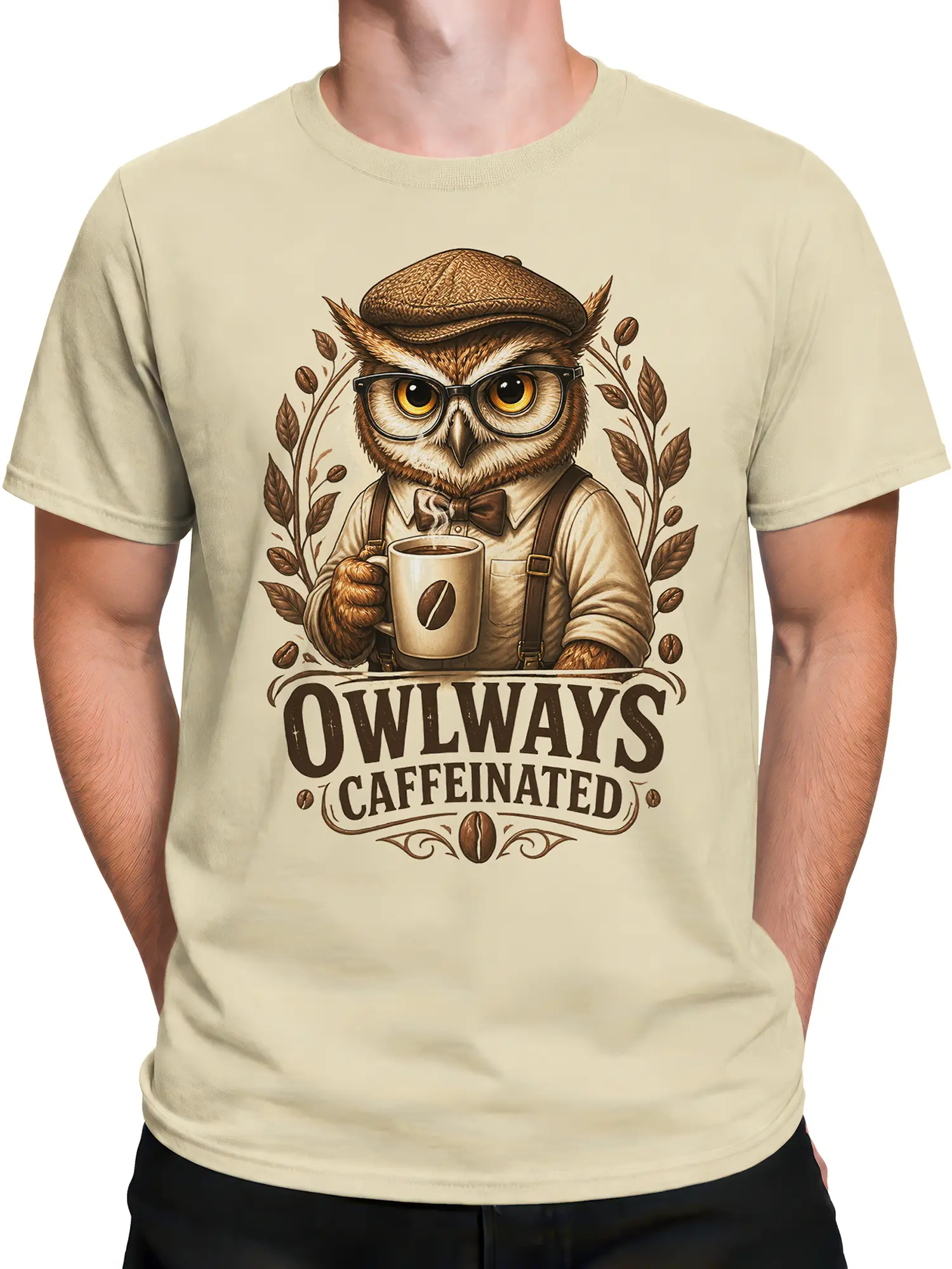Male torso wearing a beige owl coffee T-shirt with glasses and vintage lettering