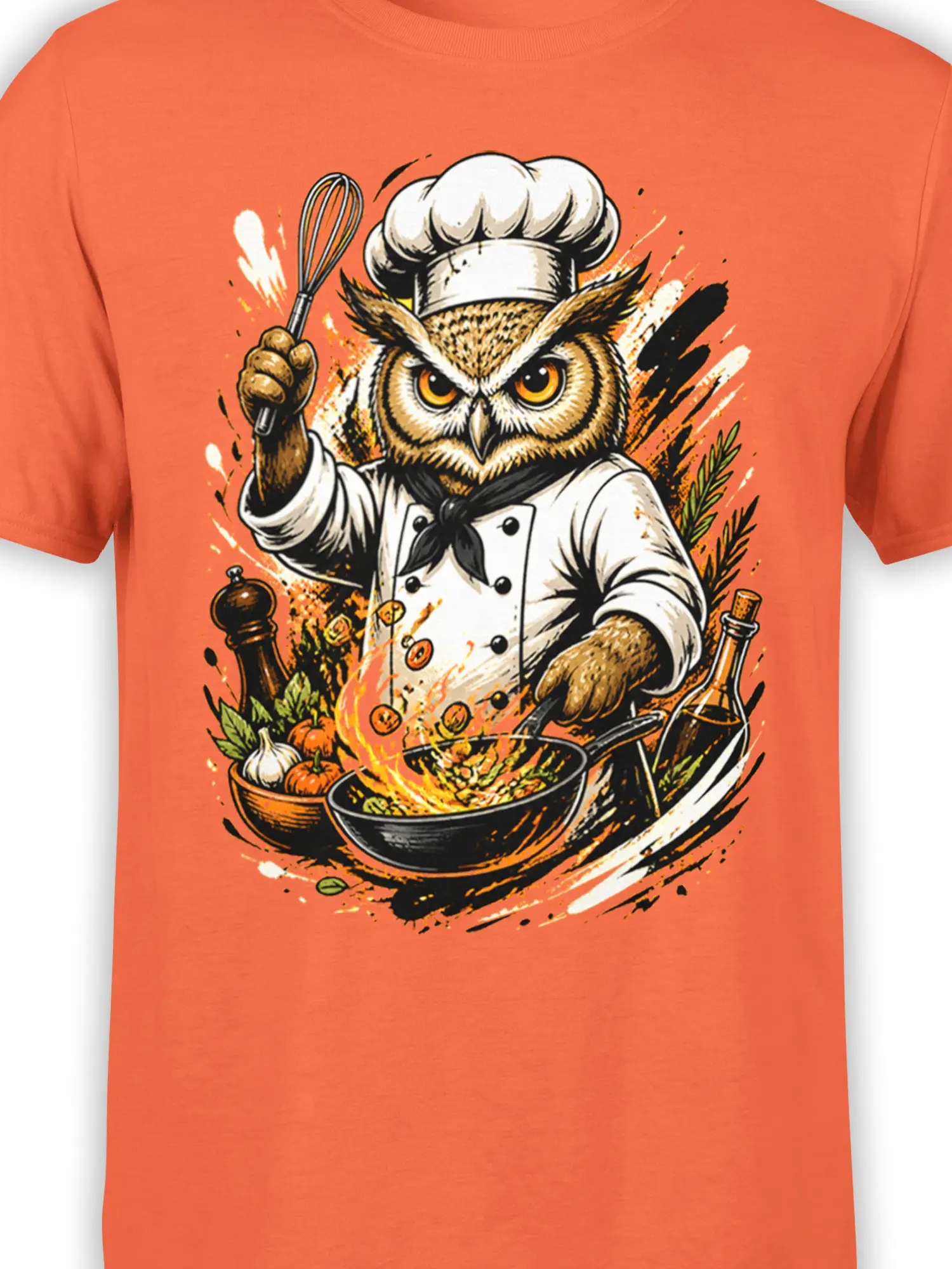 Close-up of owl chef graphic with whisk, flaming pan, vegetables, and kitchen details on orange fabric