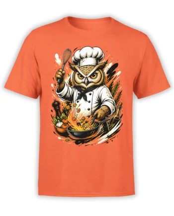 Owl chef cooking over a flaming pan on an orange T-shirt with vegetables and a whisk