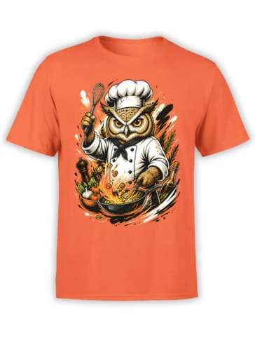 Owl chef cooking over a flaming pan on an orange T-shirt with vegetables and a whisk