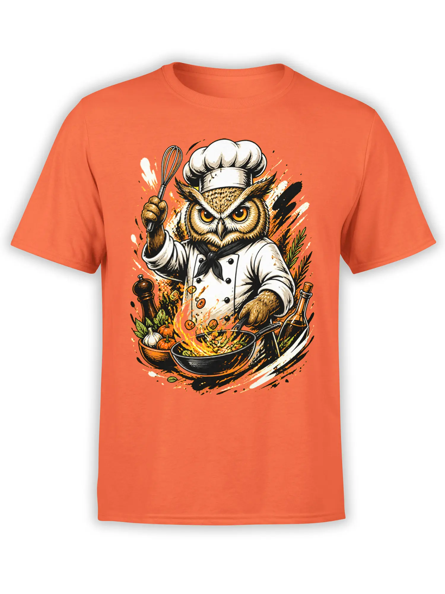 Owl chef cooking over a flaming pan on an orange T-shirt with vegetables and a whisk