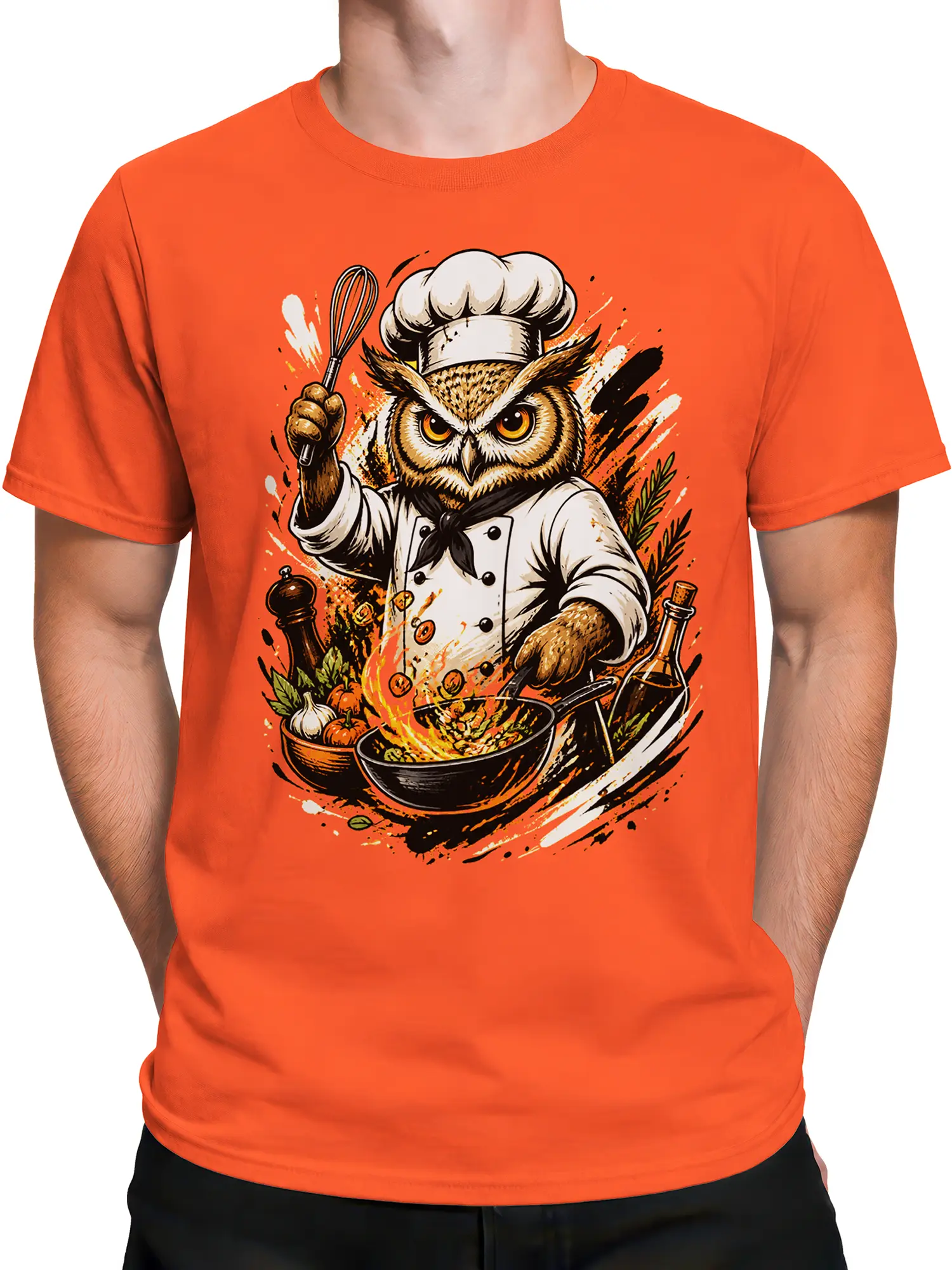 Male torso wearing an orange owl chef T-shirt with a whisk, flaming pan, vegetables, and herbs