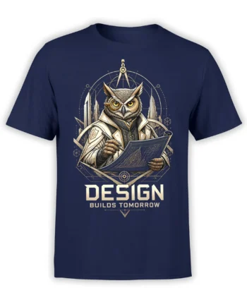 Owl architect studying a blueprint on a navy T-shirt with “DESIGN BUILDS TOMORROW” text