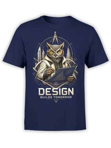 Owl architect studying a blueprint on a navy T-shirt with “DESIGN BUILDS TOMORROW” text
