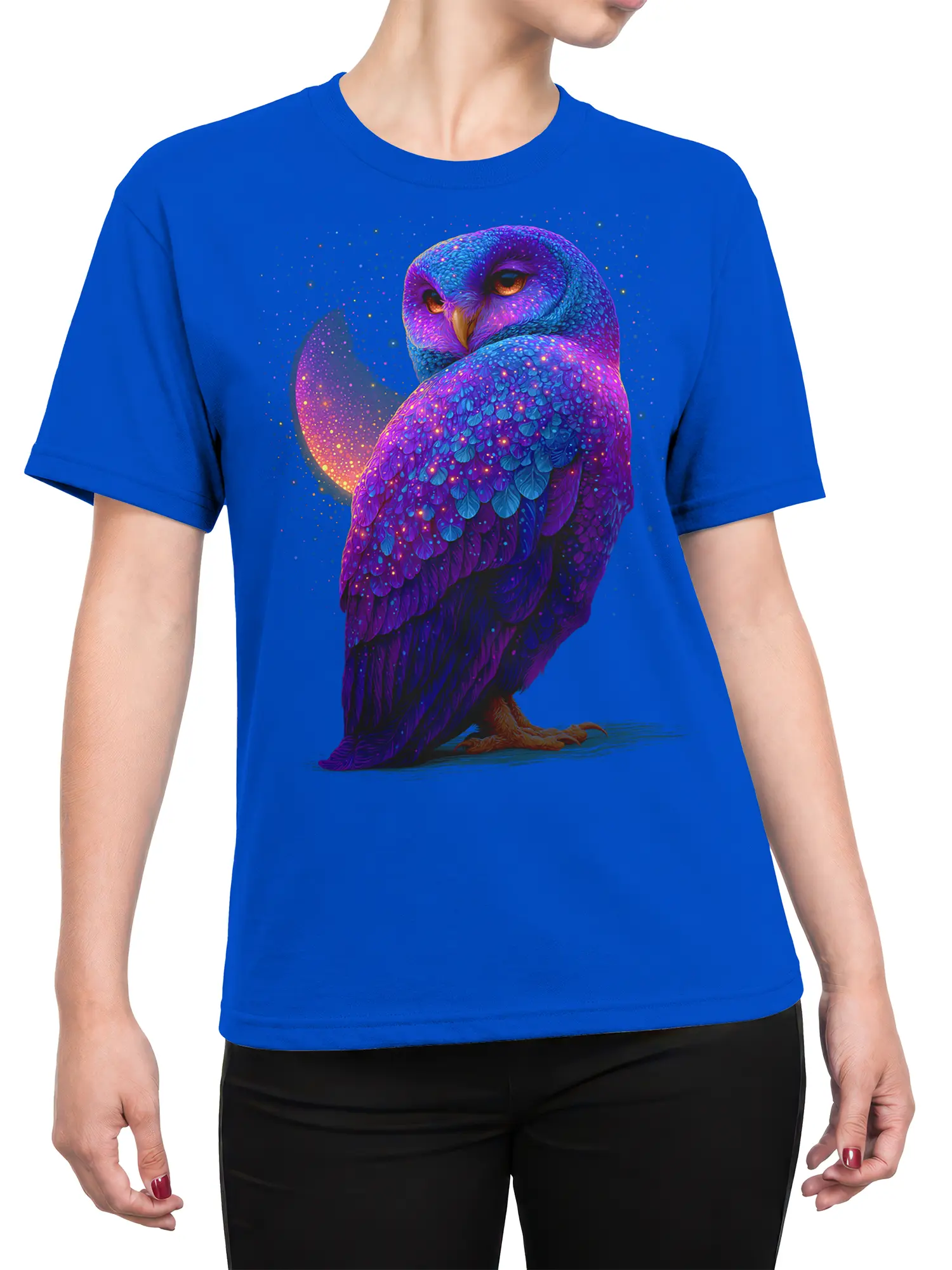 Female torso wearing a blue T-shirt with colorful cosmic owl and golden moon artwork