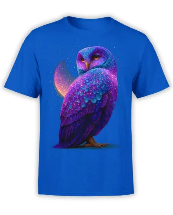 Cosmic owl with purple feathers, golden moon, and starry galaxy artwork on a blue T-shirt