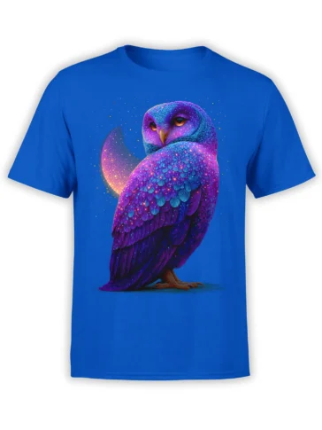 Cosmic owl with purple feathers, golden moon, and starry galaxy artwork on a blue T-shirt