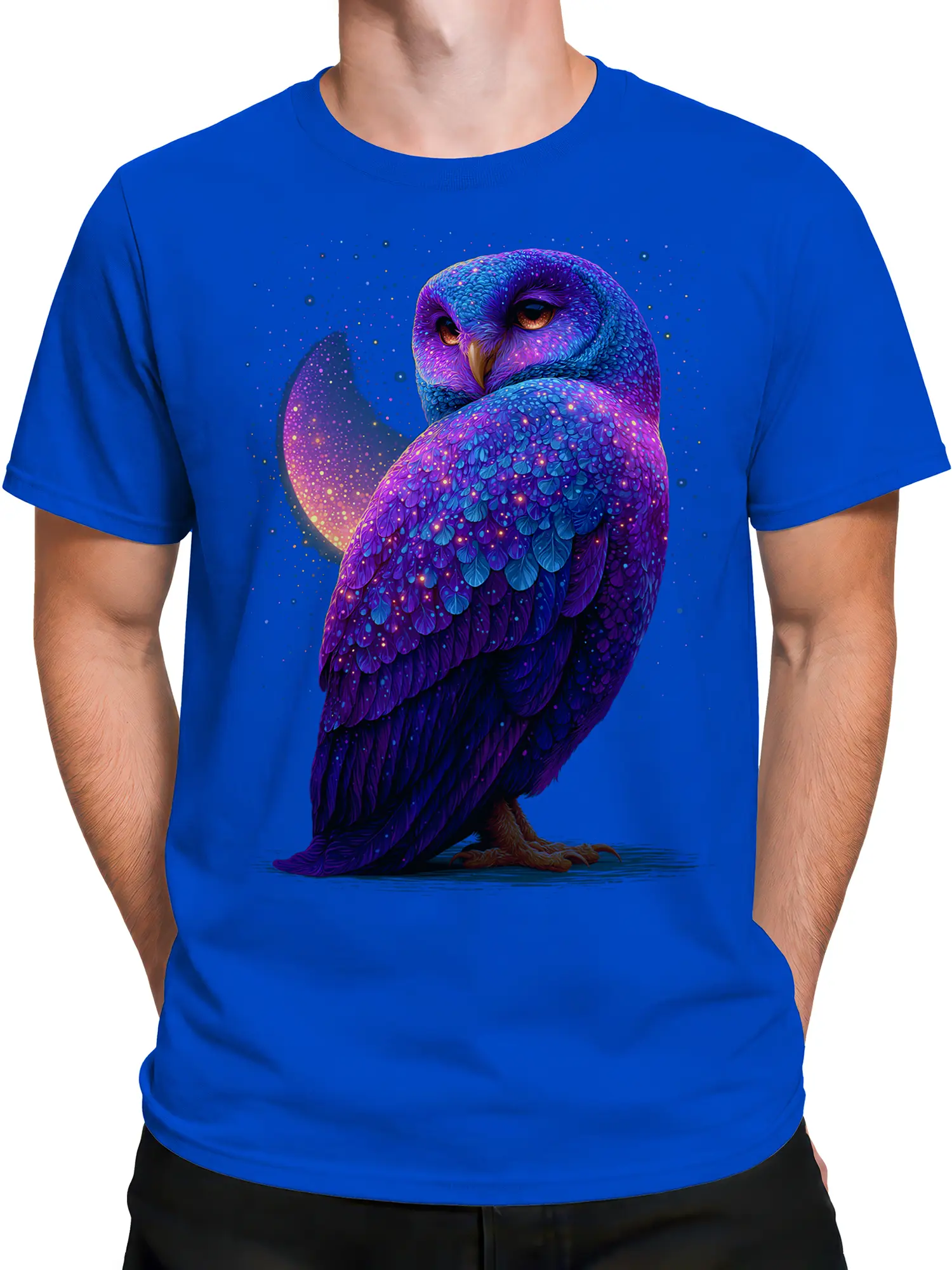 Male torso wearing a blue T-shirt with purple cosmic owl and galaxy artwork