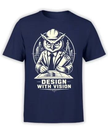 Serious owl architect in a suit drafting plans with “Design With Vision” text on a navy T-shirt