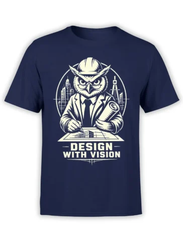 Serious owl architect in a suit drafting plans with “Design With Vision” text on a navy T-shirt