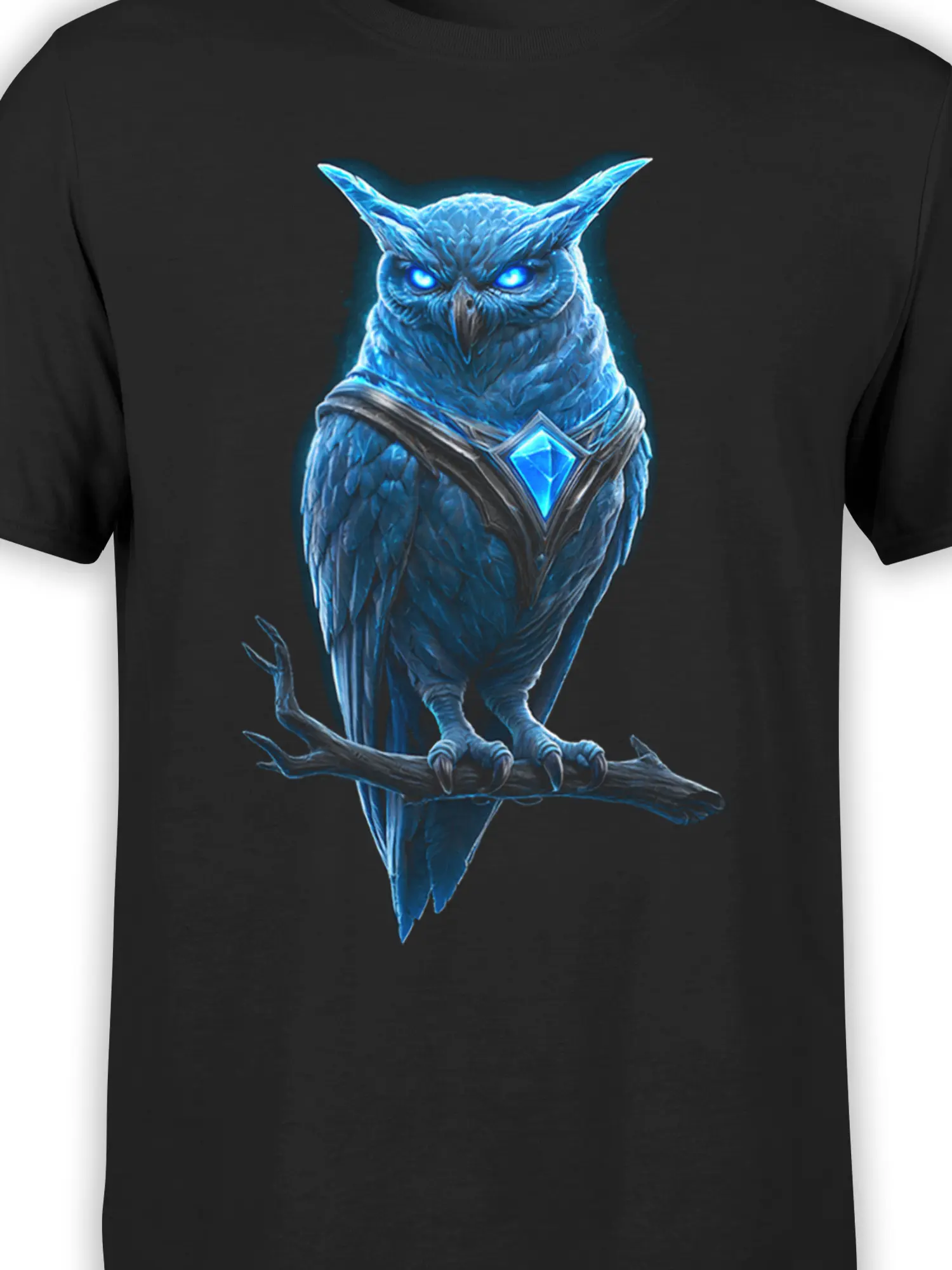 Close-up of the blue-eyed fantasy owl and glowing gem on a black T-shirt