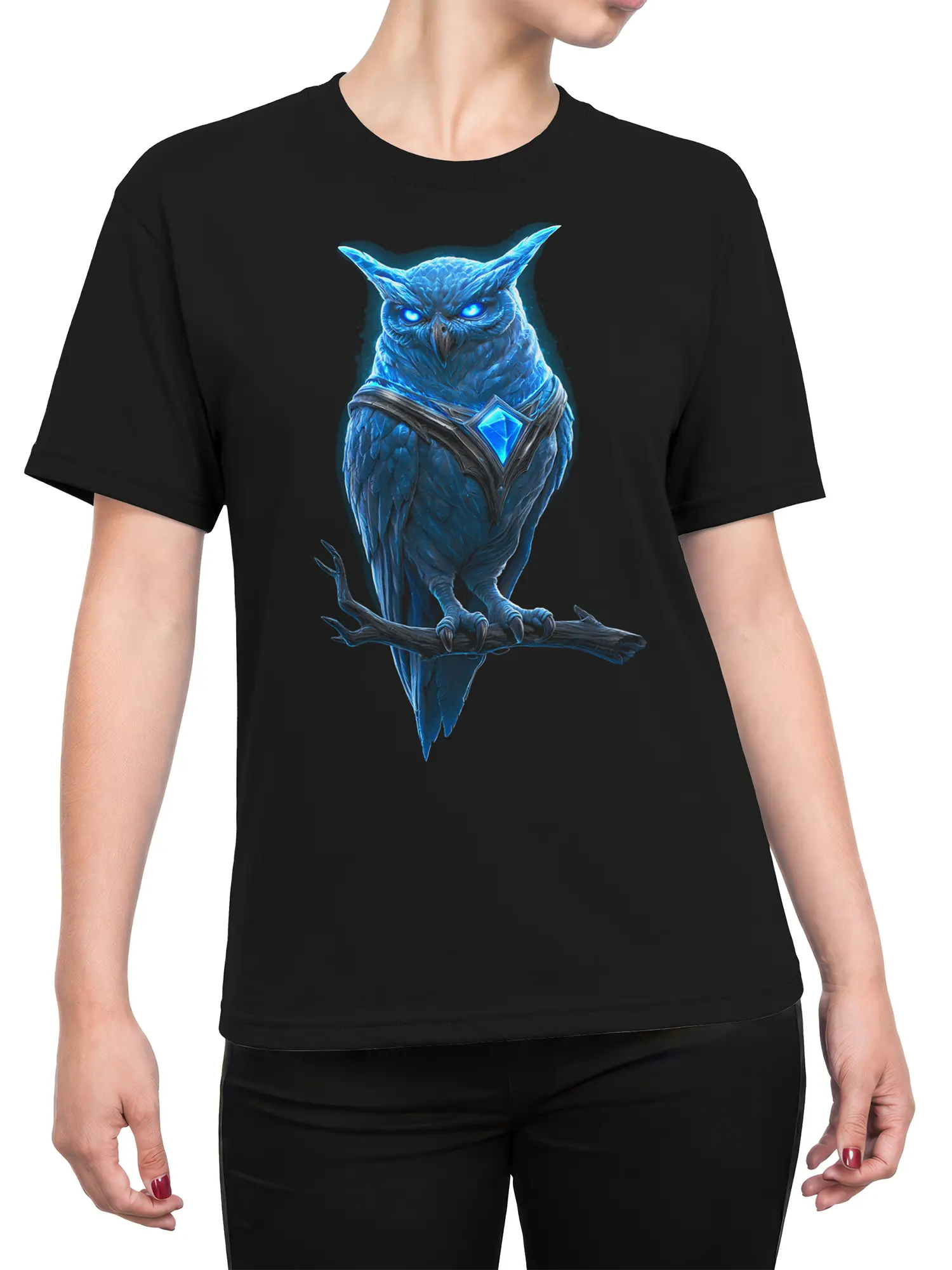 Female torso wearing a black T-shirt with a blue armored owl design