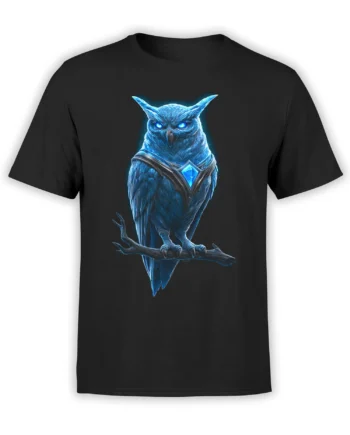 Blue-eyed armored owl with a glowing blue gem on a black T-shirt