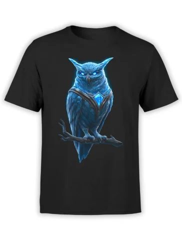 Blue-eyed armored owl with a glowing blue gem on a black T-shirt