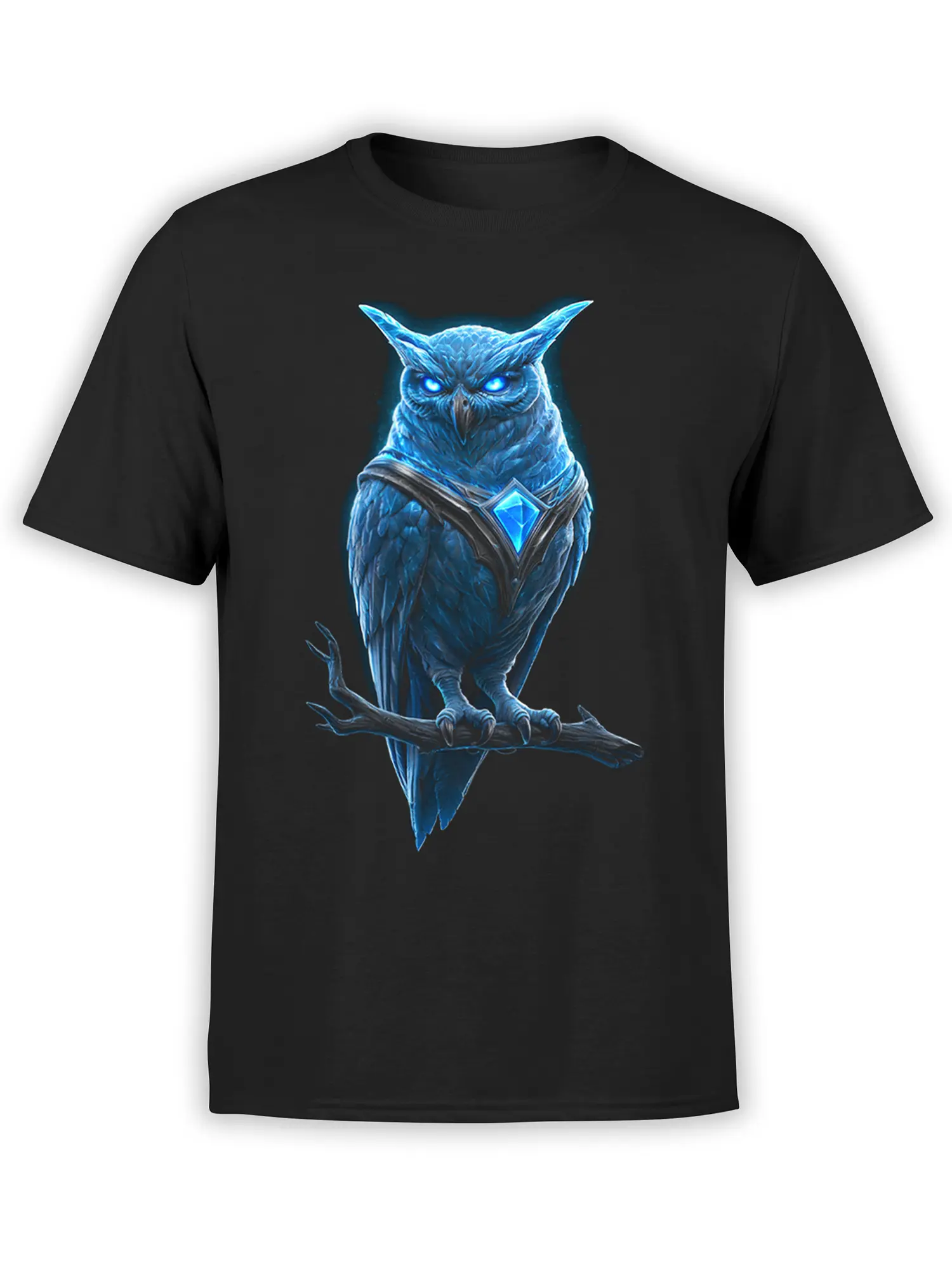 Blue-eyed armored owl with a glowing blue gem on a black T-shirt