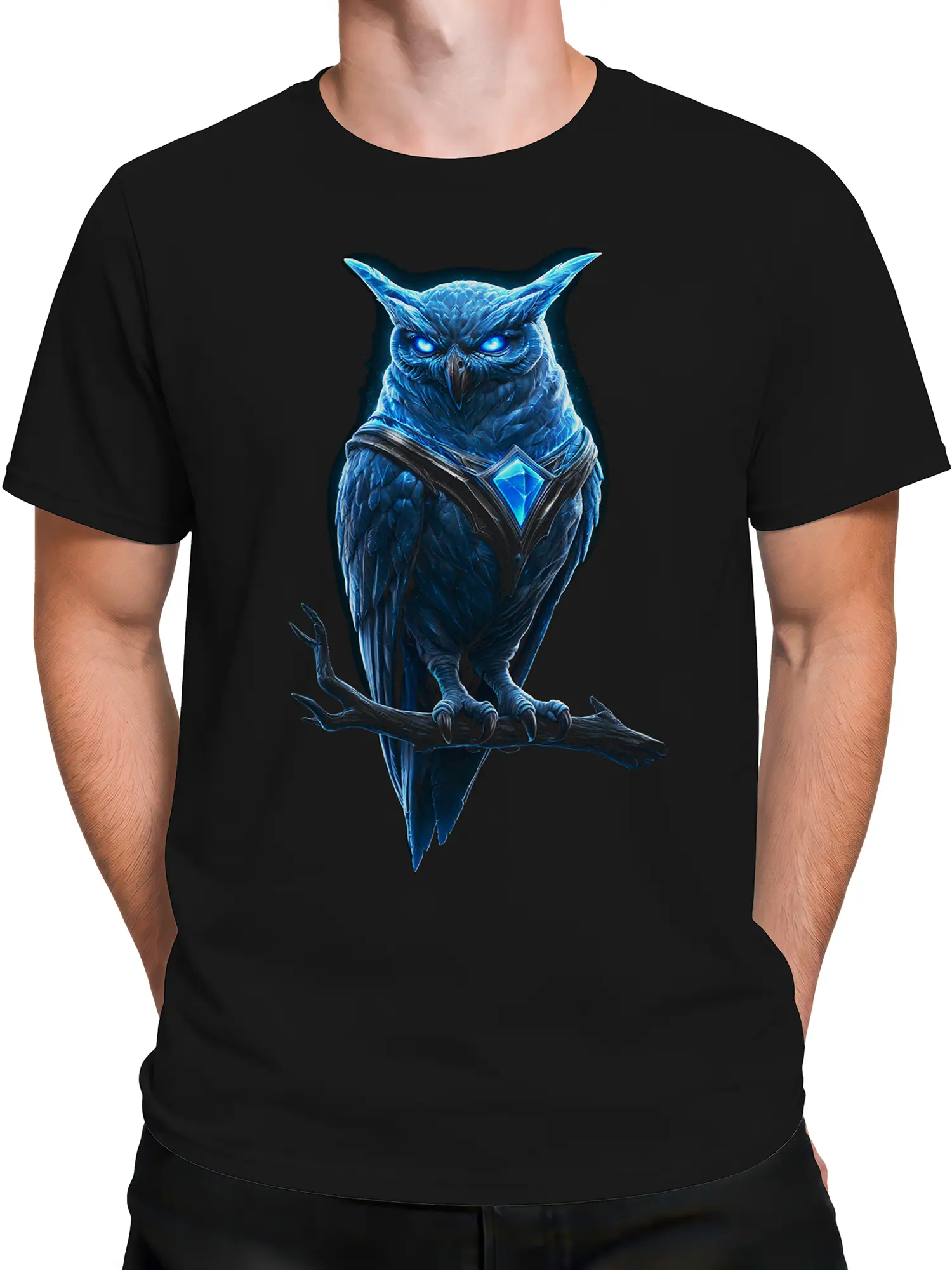 Male torso wearing a black T-shirt with a blue armored owl design