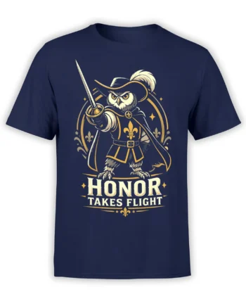Owl warrior with sword and “Honor Takes Flight” design printed on a navy T-shirt