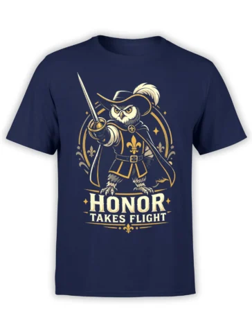 Owl warrior with sword and “Honor Takes Flight” design printed on a navy T-shirt