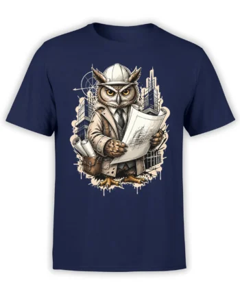 Owl architect in a hard hat holding blueprints on a navy T-shirt with city buildings