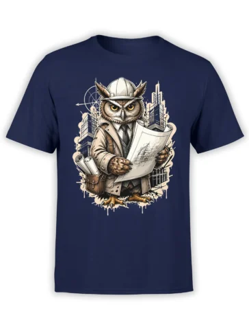Owl architect in a hard hat holding blueprints on a navy T-shirt with city buildings