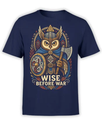 Owl warrior wearing a winged helmet with shield, axe, and Wise Before War text on a navy T-shirt