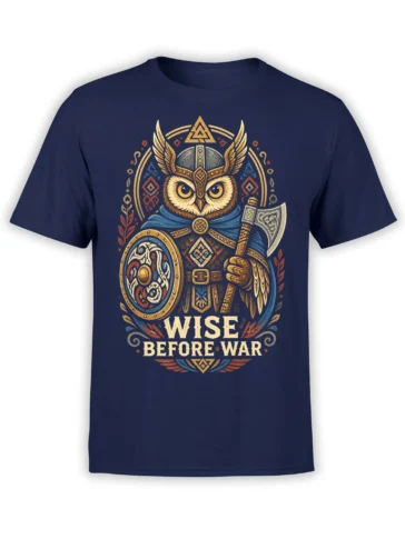 Owl warrior wearing a winged helmet with shield, axe, and Wise Before War text on a navy T-shirt
