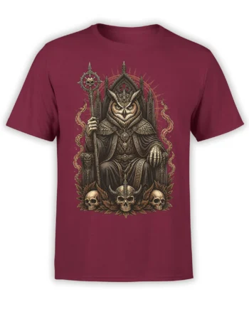 Armored owl king on a gothic throne with skulls and ornate details on a burgundy fantasy T-shirt