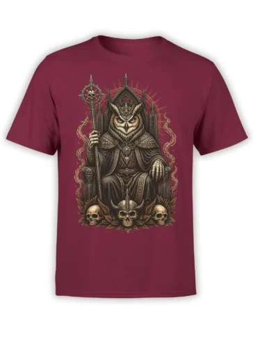 Armored owl king on a gothic throne with skulls and ornate details on a burgundy fantasy T-shirt