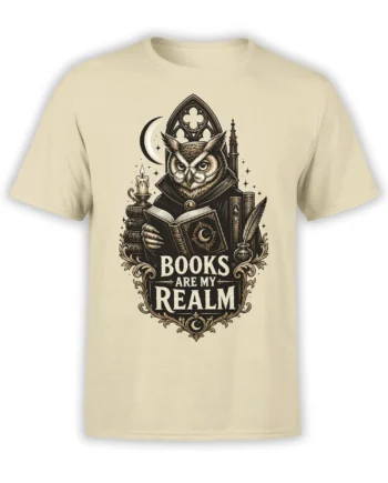 Gothic owl scholar reading among books with “Books Are My Realm” on a beige T-shirt