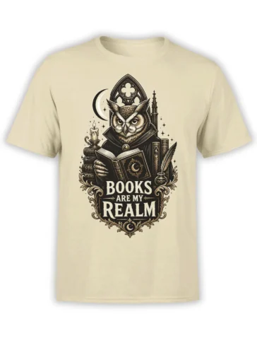 Gothic owl scholar reading among books with “Books Are My Realm” on a beige T-shirt