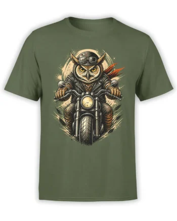 Vintage owl biker wearing goggles and riding a motorcycle on an olive green T-shirt