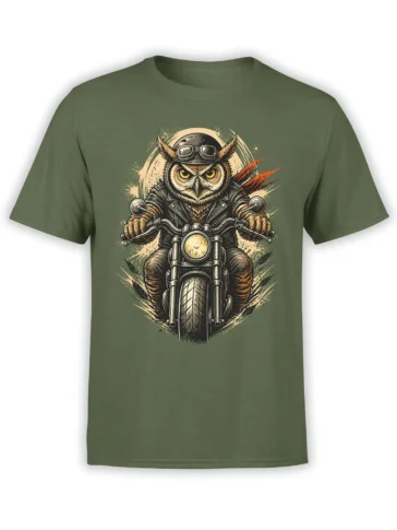 Vintage owl biker wearing goggles and riding a motorcycle on an olive green T-shirt