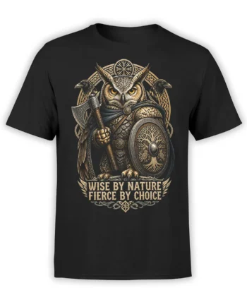Black owl warrior T-shirt with axe, shield, ravens, runic symbol, and wise by nature slogan