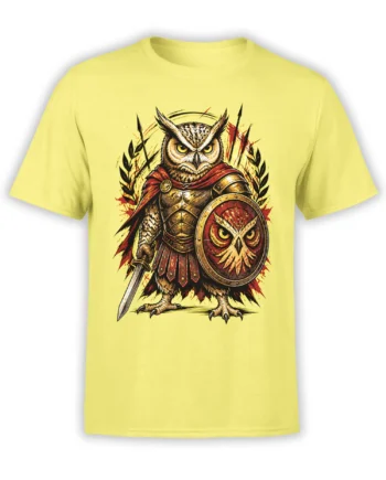 Armored owl warrior T-shirt in yellow with a sword, owl shield, red cape, and detailed fantasy artwork