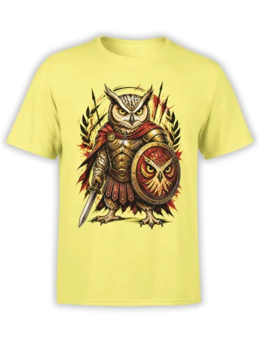 Armored owl warrior T-shirt in yellow with a sword, owl shield, red cape, and detailed fantasy artwork