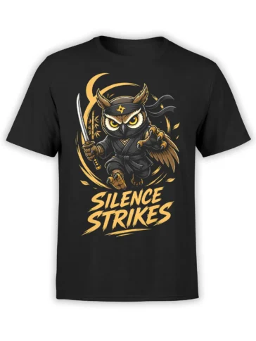 Black T-shirt with a fierce ninja owl holding a sword and golden “Silence Strikes” lettering