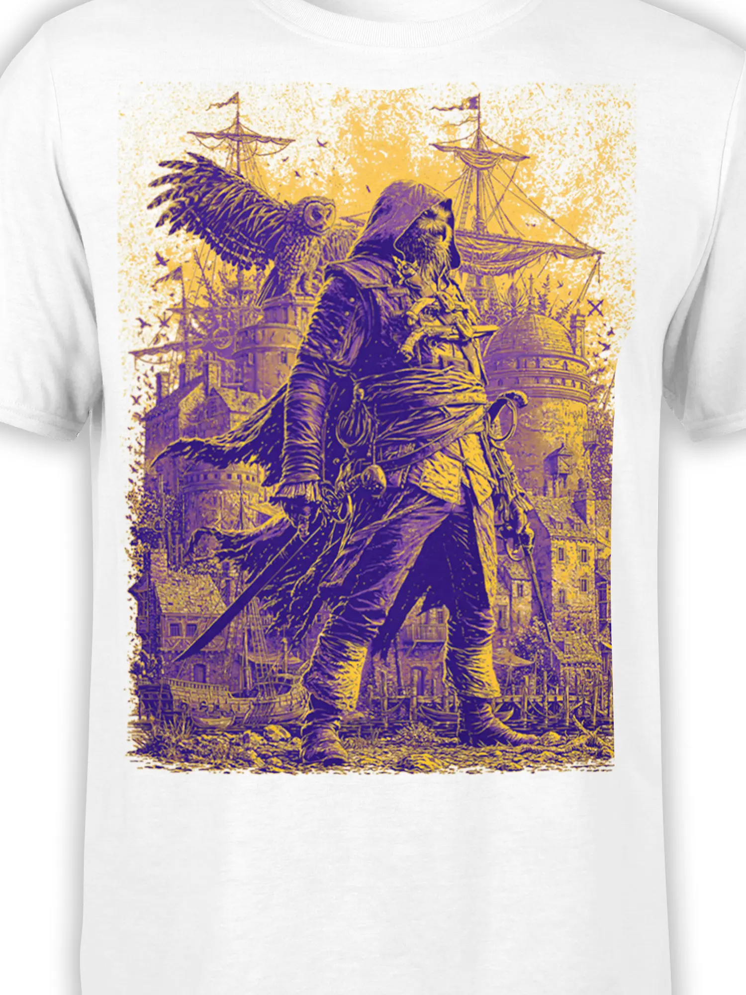 Close-up of hooded warrior and sword artwork with sailing ships in purple and gold on a white T-shirt