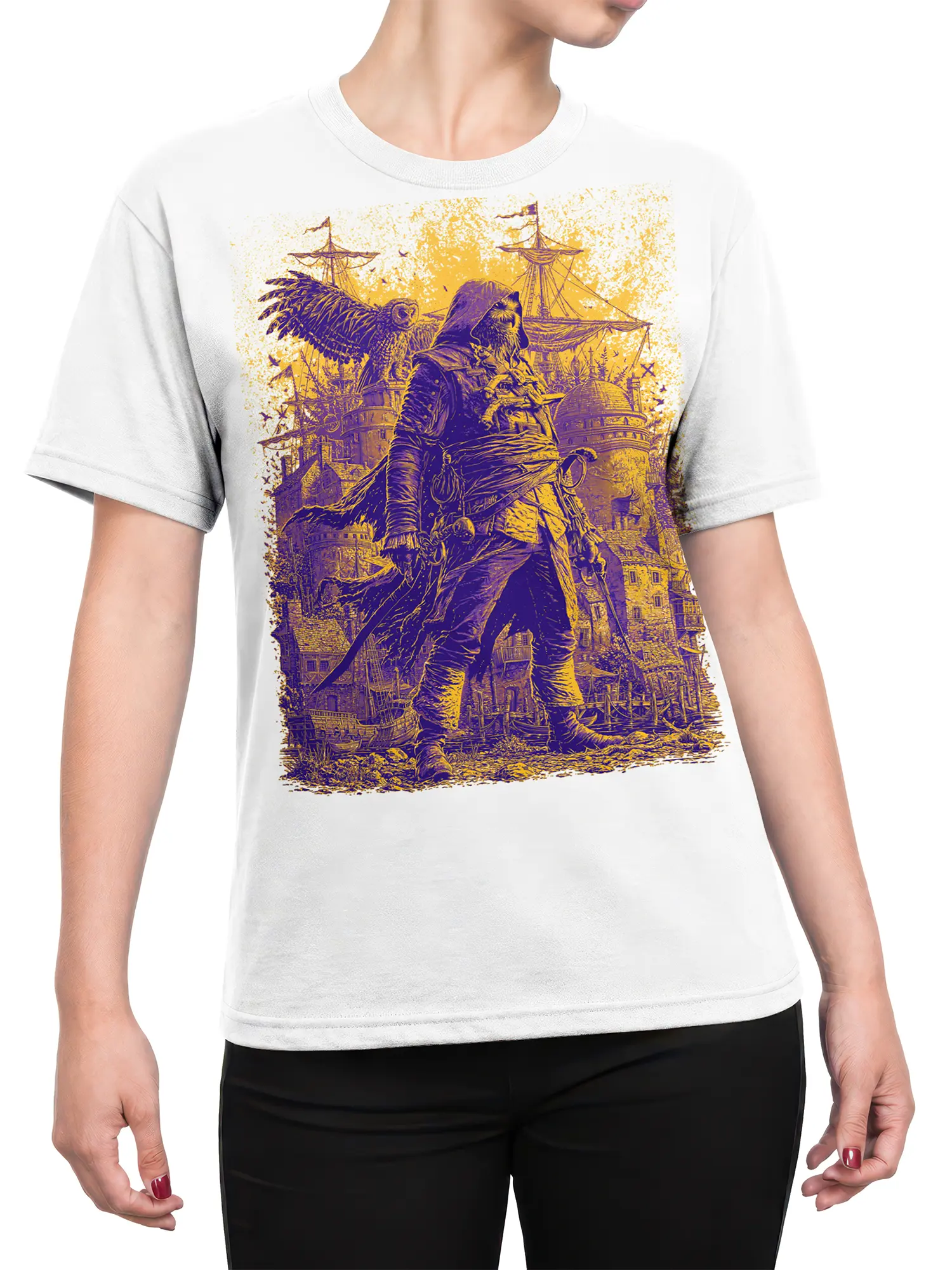 Female torso wearing a white T-shirt with a purple and gold hooded warrior harbor design and sailing ships