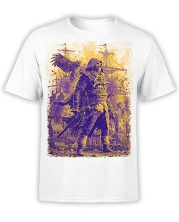 White T-shirt featuring a hooded warrior with a sword, sailing ships, and a detailed purple and gold harbor scene