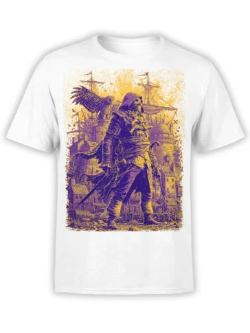 White T-shirt featuring a hooded warrior with a sword, sailing ships, and a detailed purple and gold harbor scene