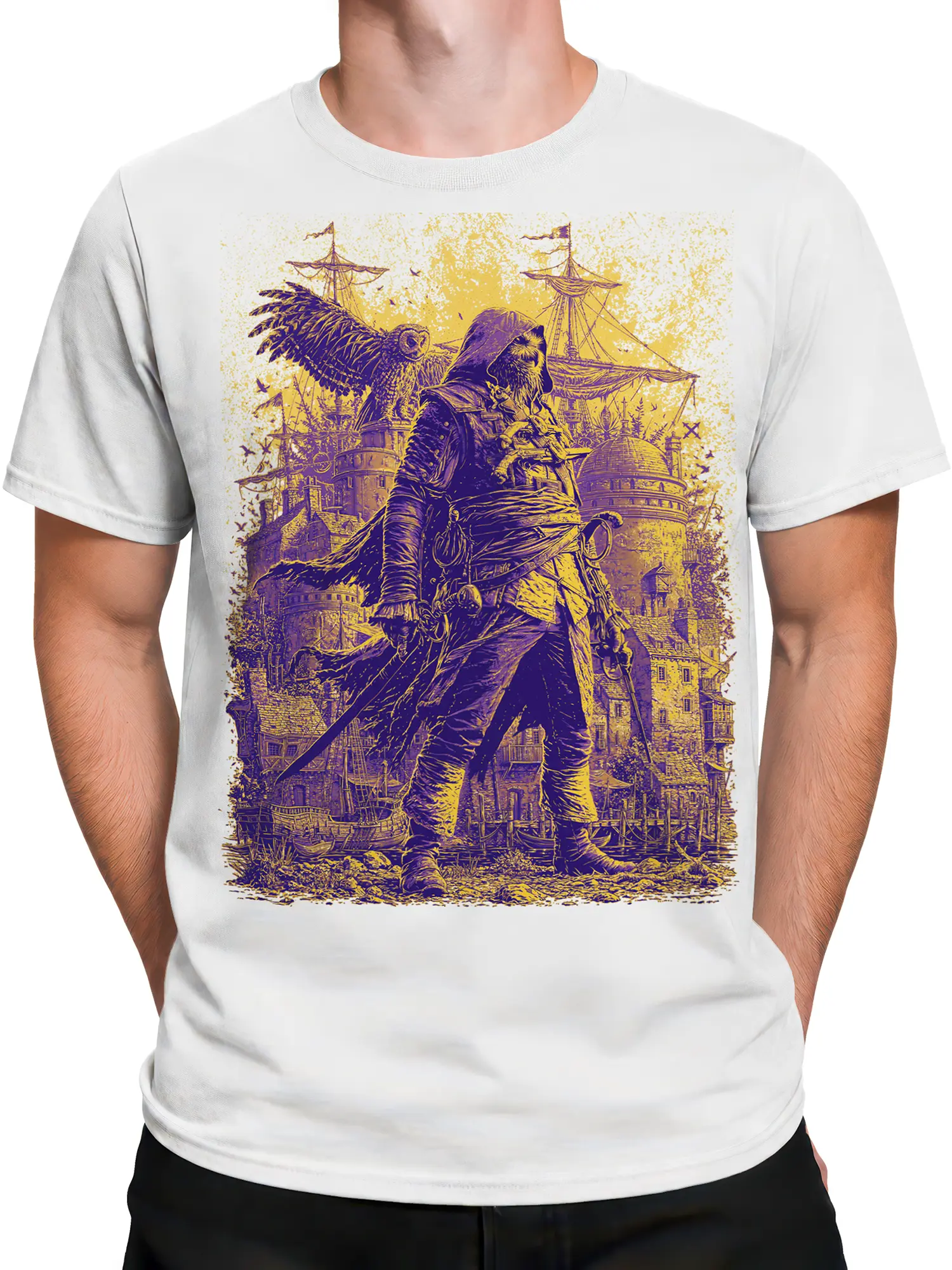 Male torso wearing a white T-shirt with a hooded warrior, sword, and purple and gold harbor artwork