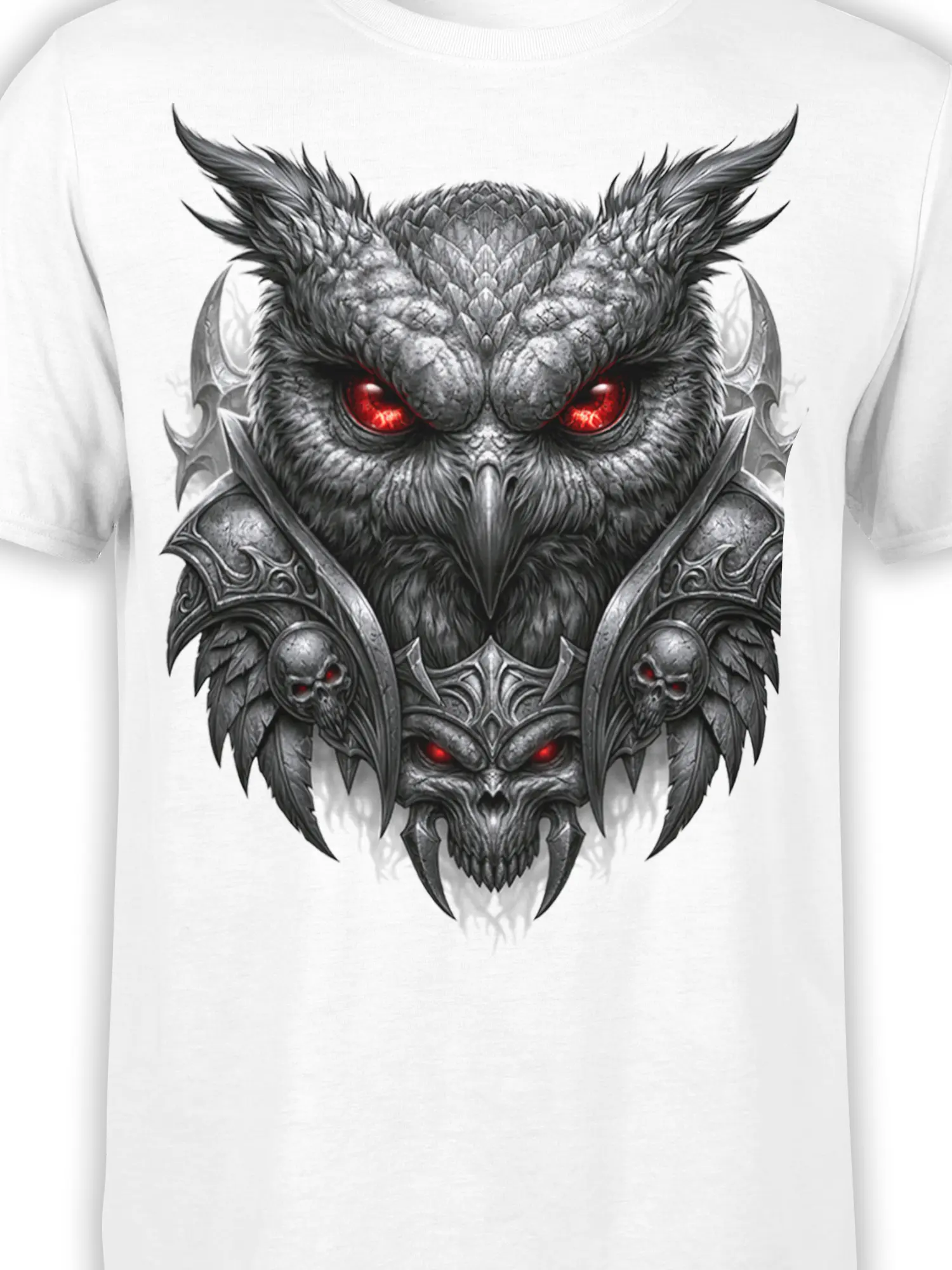 Close-up of a winged dark fantasy creature with red eyes, skulls, and armored details on a white shirt