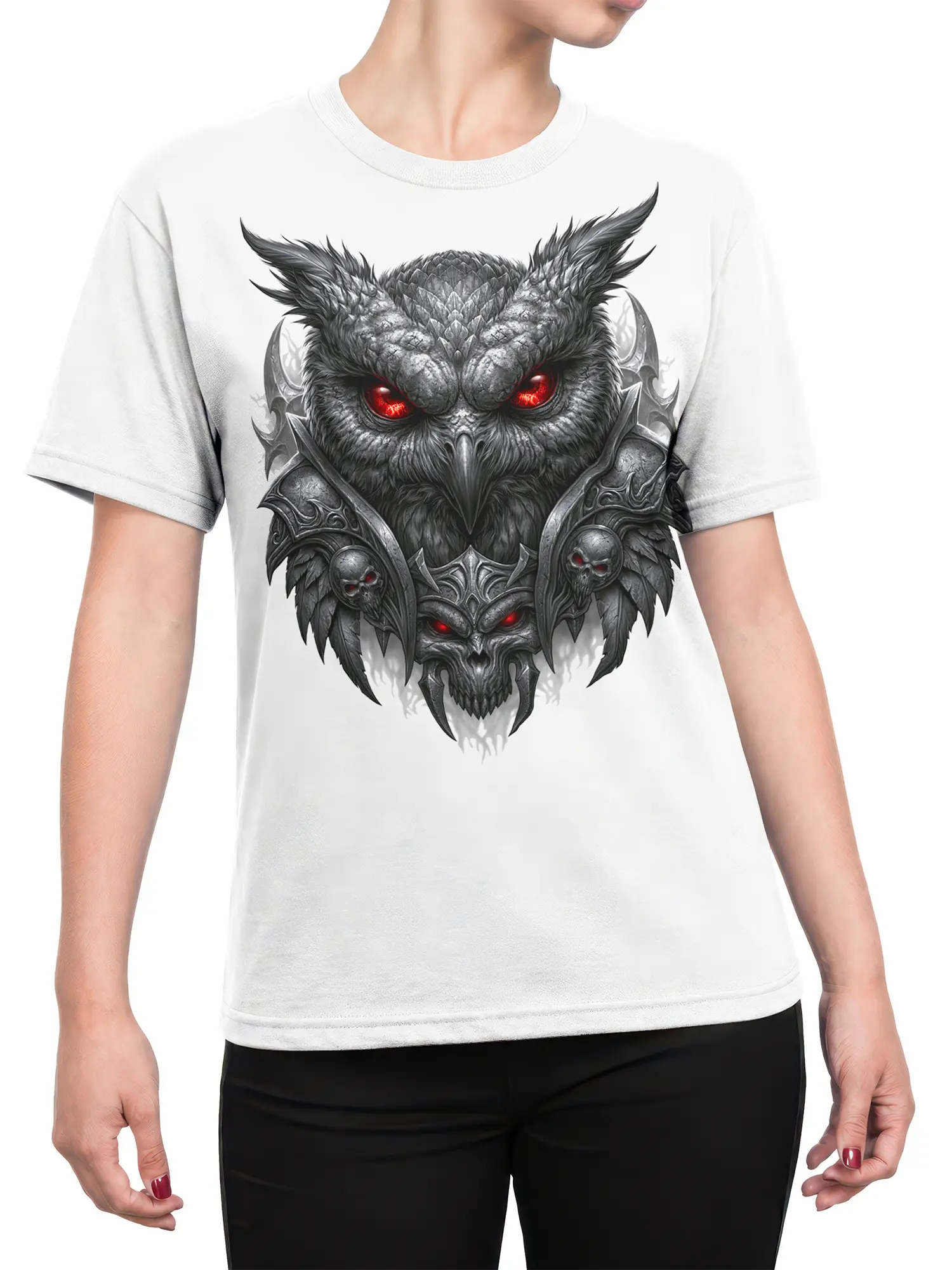 Female torso wearing a white Dreadwing T-shirt with a red-eyed fantasy creature and skull armor design
