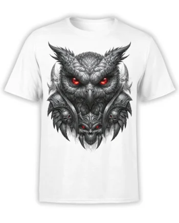 Dark fantasy winged creature T-shirt in white with red eyes, armor, and skull details
