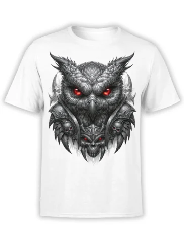 Dark fantasy winged creature T-shirt in white with red eyes, armor, and skull details