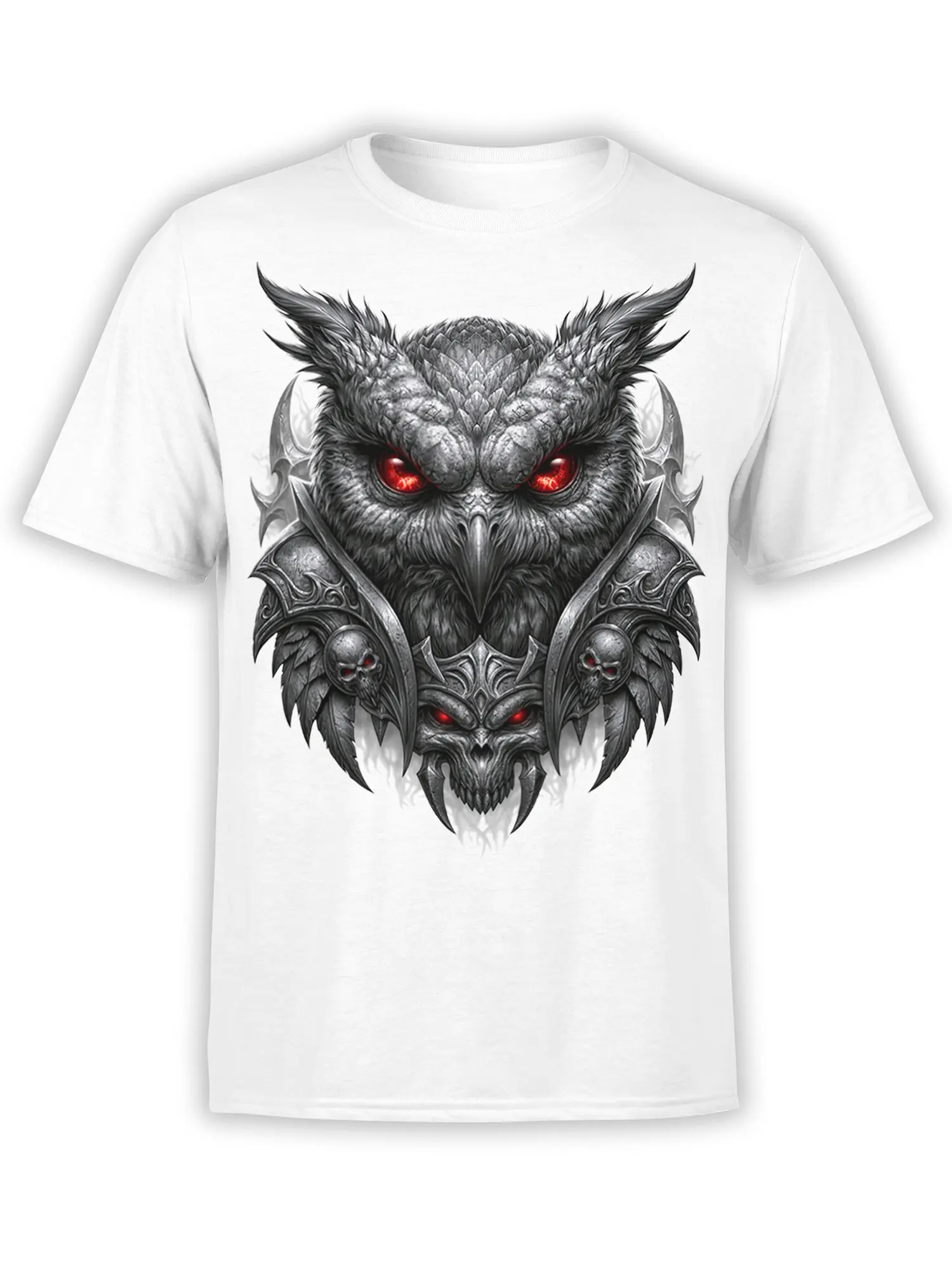 Dark fantasy winged creature T-shirt in white with red eyes, armor, and skull details